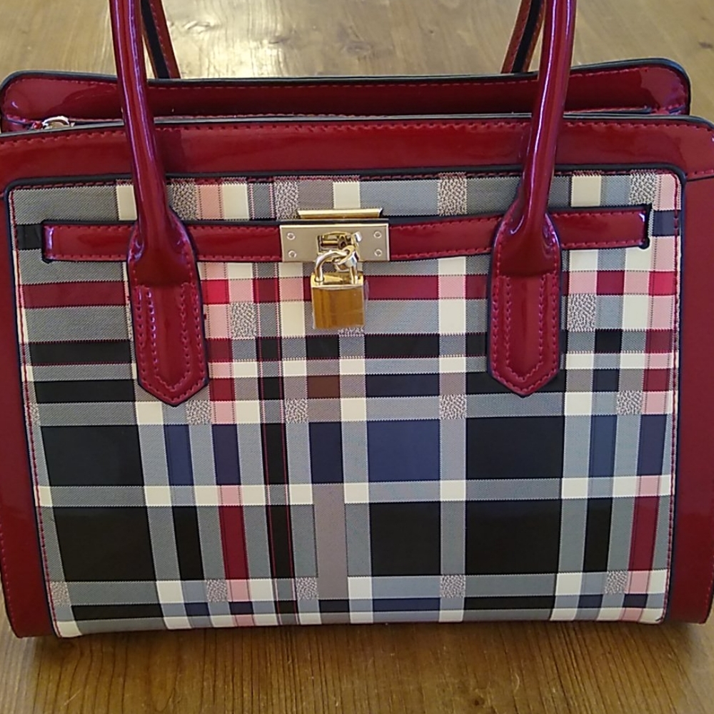 Plaid patent leather bag